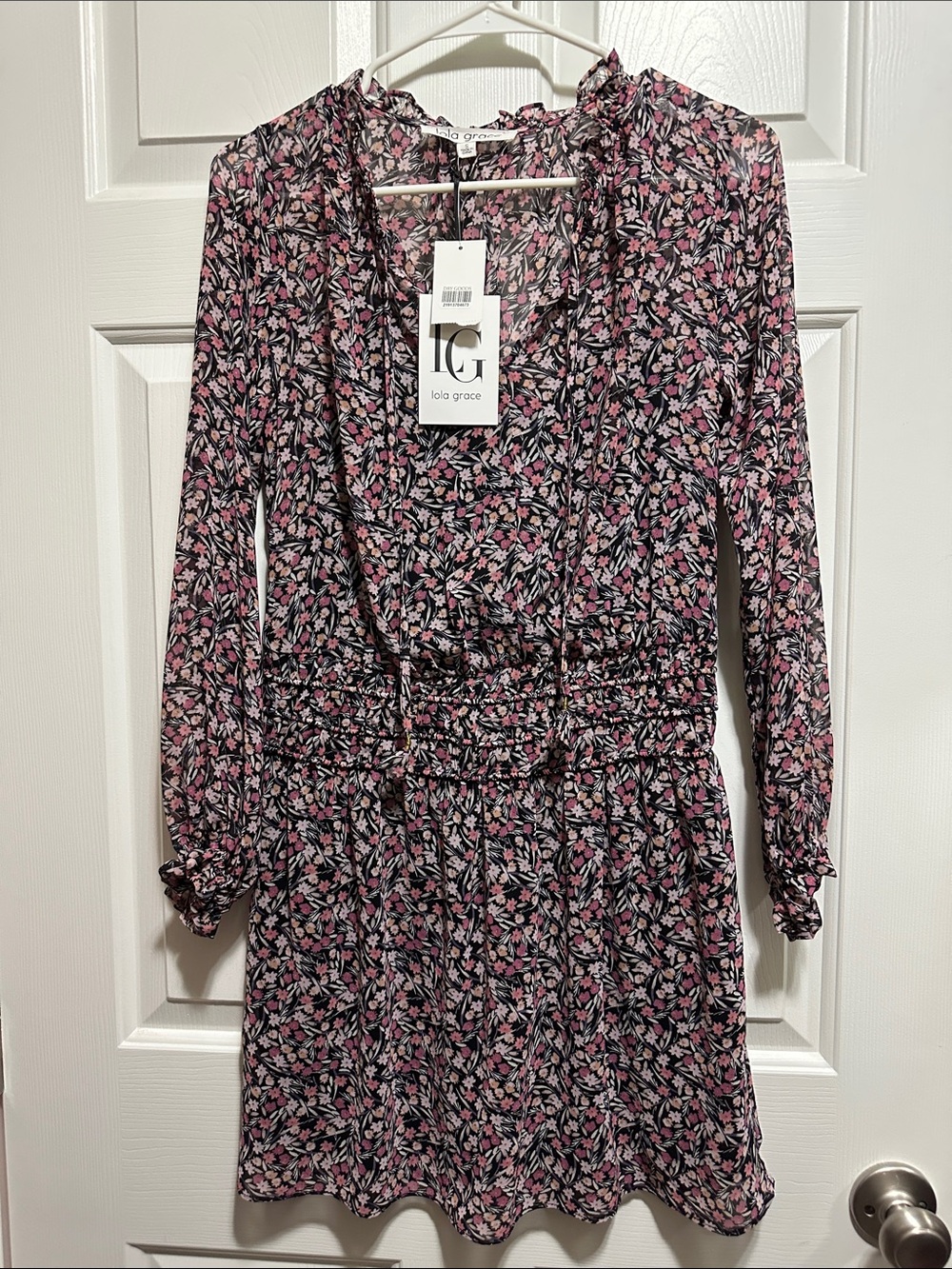 Lola Grace Pink Floral Long-Sleeve Ruffle Waist Dress